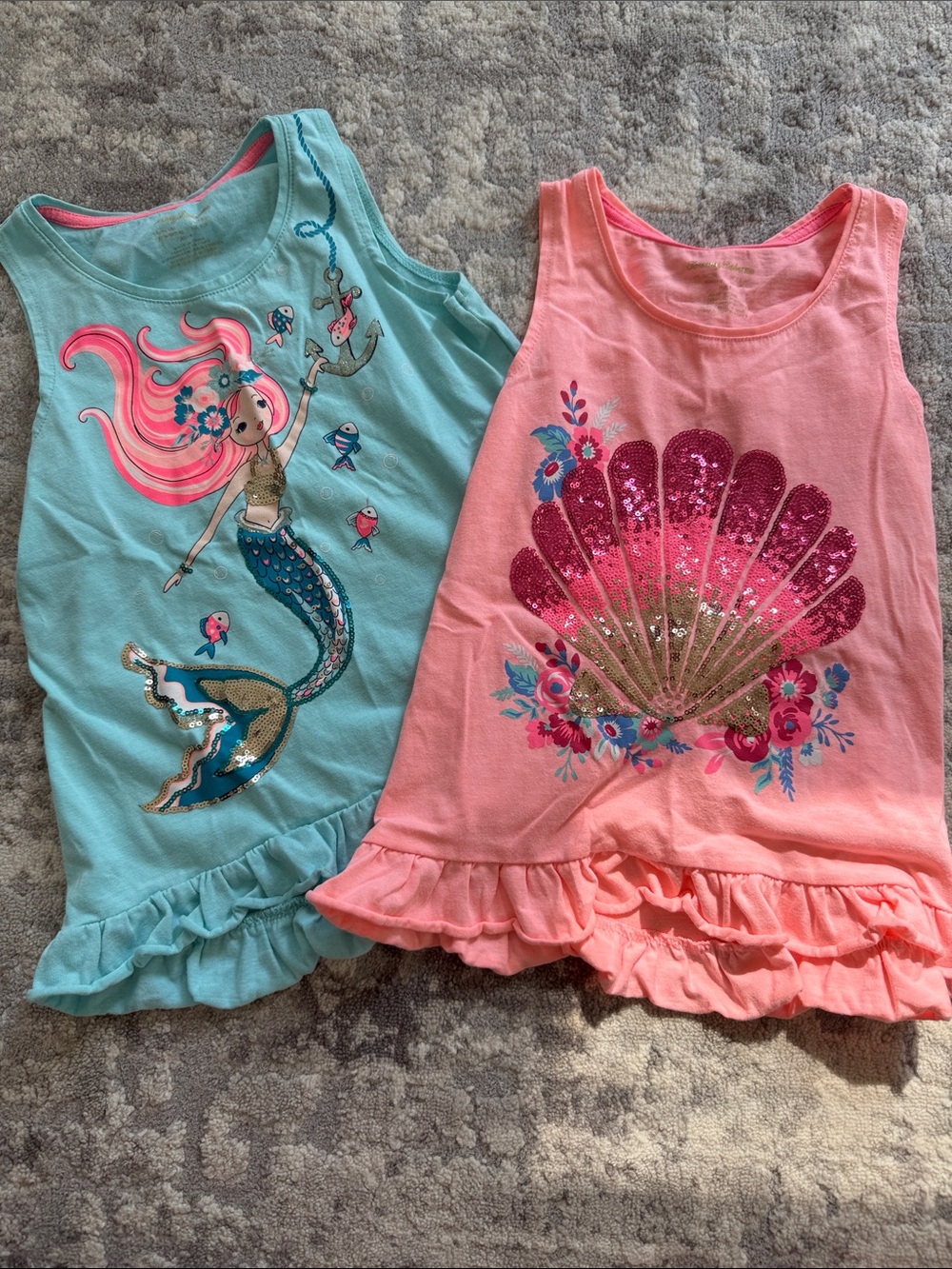 Tommy Bahama Girls Mermaid & Sequin Shell Ruffle Tank Tops - Aqua and Pink
